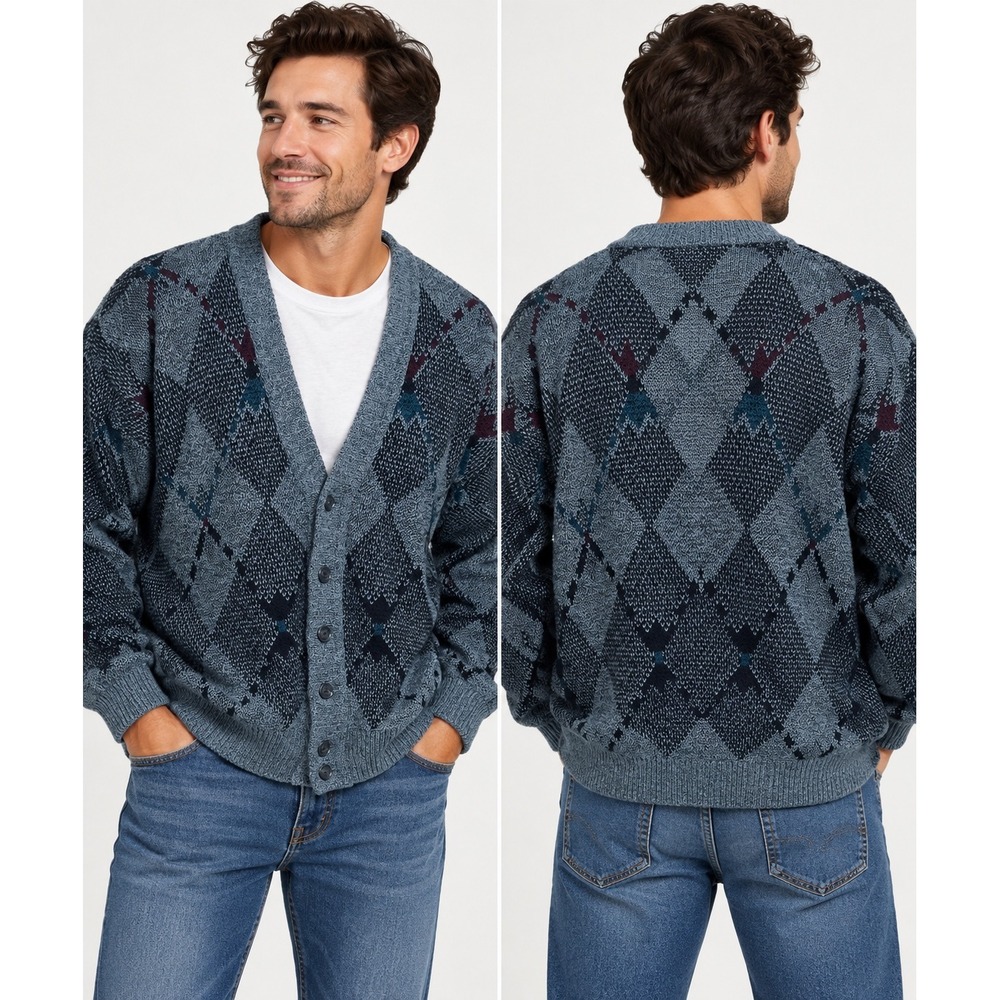 Jantzen Vintage Cardigan Mens L Blue Argyle Button Front Made in USA Sweater